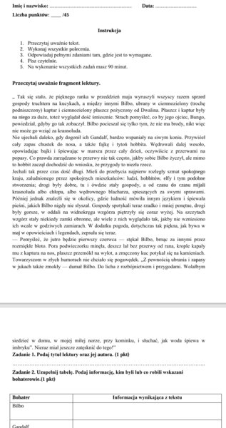 test podsumowujący z j. polskiego dla kl. VI wg wzoru arkusza egzaminacyjnego