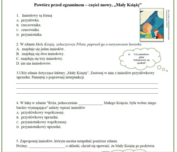 Powtórz przed egzaminem - części mowy (także imiesłowy), "Mały Książę"