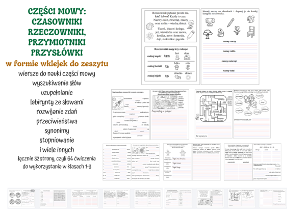 KARTY PRACY klasy 1-3,  CZĘŚCI MOWY: CZASOWNIKI, RZECZOWNIKI, PRZYMIOTNIKI PRZYSŁÓWKI w formie wklejek do zeszytu