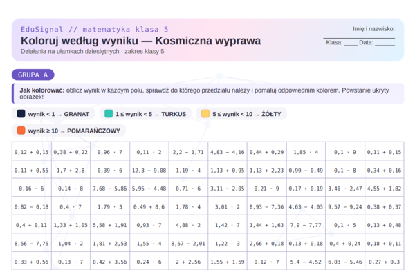 Kosmiczna wyprawa — koloruj według wyniku | Ułamki dziesiętne, klasa 5