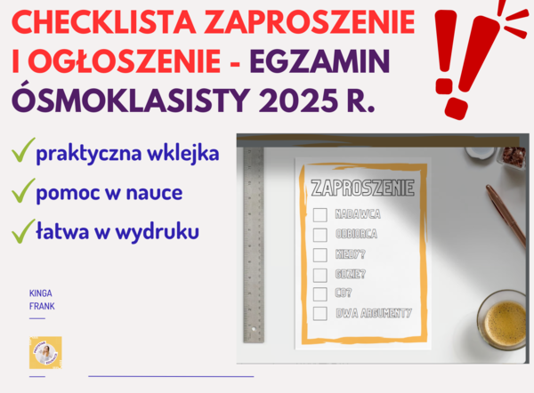 📚 Gotowa Checklista dla Ósmoklasistów – ZAPROSZENIE I OGŁOSZENIE! 🎯