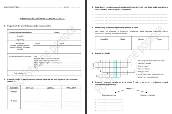 Sprawdzian po omówieniu lektury "Zemsta"
