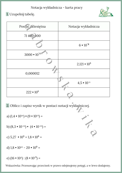 Notacja wykładnicza - karta pracy
