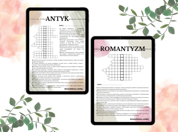 Krzyżówki z epok literackich - zestaw - antyk, średniowiecze, renesans, barok, oświecenie, romantyzm, pozytywizm, młoda polska, dwudziestolecie międzywojenne, wojna i okupacja, współczesność