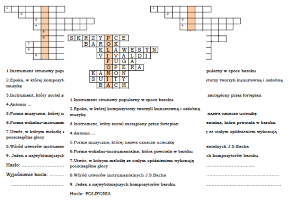 Logogryf na podsumowanie lekcji muzyki w klasie 6 o baroku