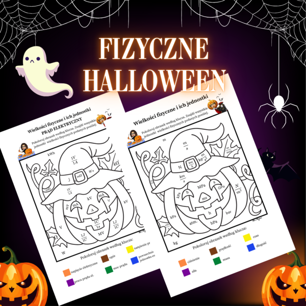 Wielkości fizyczne i ich jednostki (wielkości opisujące prąd, ciśnienie, masę, prędkość, siła itd.)-kolorowanka Halloweenowa
