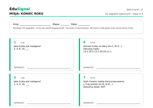Zagadki logiczne na koniec roku | 20 łamigłówek + klucz | Klasa 4-5