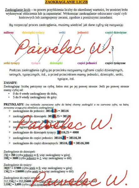 ZAOKRĄGLANIE LICZB - plakat z przykładami i wyjaśnieniem