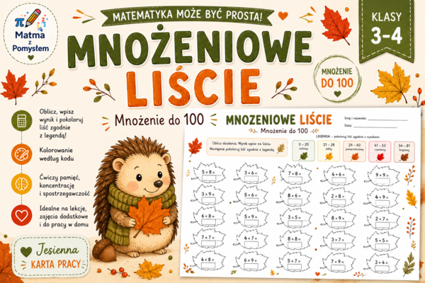 Mnożeniowe liście – jesienna karta pracy | Mnożenie do 100 | Klasy 3–4 🍂🍁