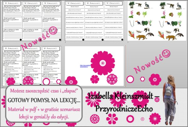 Pomysł na lekcję/karta pracy/stacje zadaniowe/notatki/ materiał do lekcji do tematu „W Amazonii” w pdf. W gratisie niekomercyjny scenariusz lekcji/pomysł na lekcję w programie genial.ly do edycji. Geografia 8. Dział „Ameryka”.