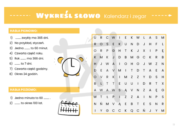 Matematyczna wykreślanka dla klasy czwartej. Kalendarz i zegar.