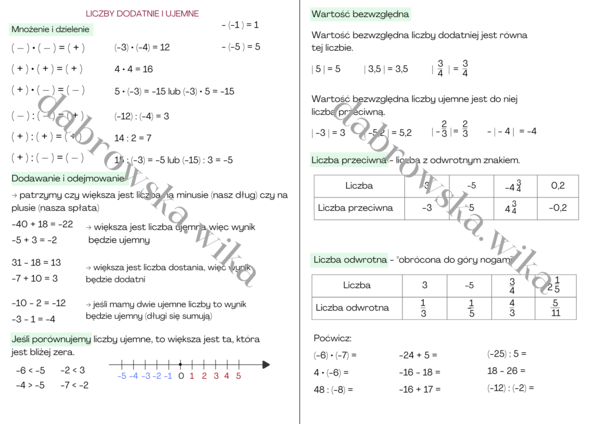 Liczby ujemne - notatka