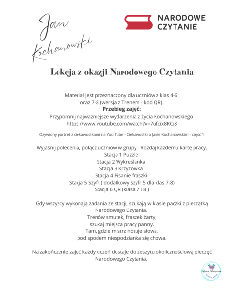 Narodowe Czytanie - lekcja o Kochanowskim, stacje zadaniowe