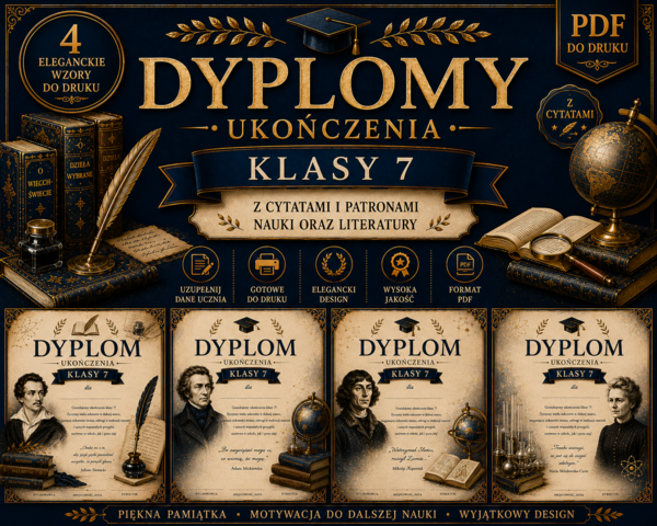 📚 Dyplomy ukończenia klasy 7 – 4 eleganckie wzory z cytatami i patronami (PDF)