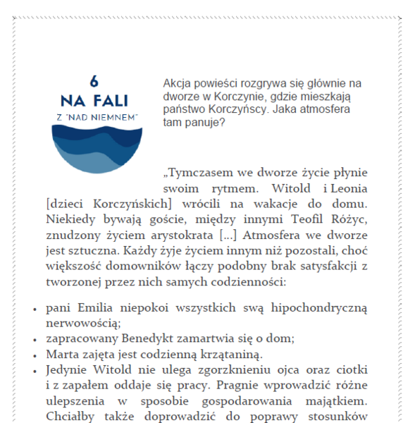 Bądź na fali z "Nad Niemnem" - podchody literackie dla szkoły podstawowej, NARODOWE CZYTANIE 2023