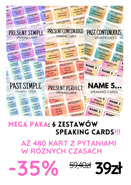 MEGA PAKA: 480 kart z pytaniami - 6 zestawów speaking cards - angielski - mówienie - różne czasy - Present Simple - Past Simple - Present Continuous - Past Continuous - Present Perfect + name 5 - matura ustna