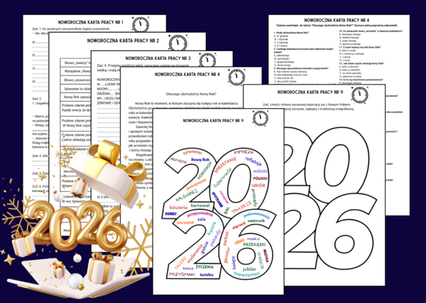🎆 NOWOROCZNE KARTY PRACY  – nauka z motywem Nowego Roku 🎉 - 9 kart + odpowiedzi