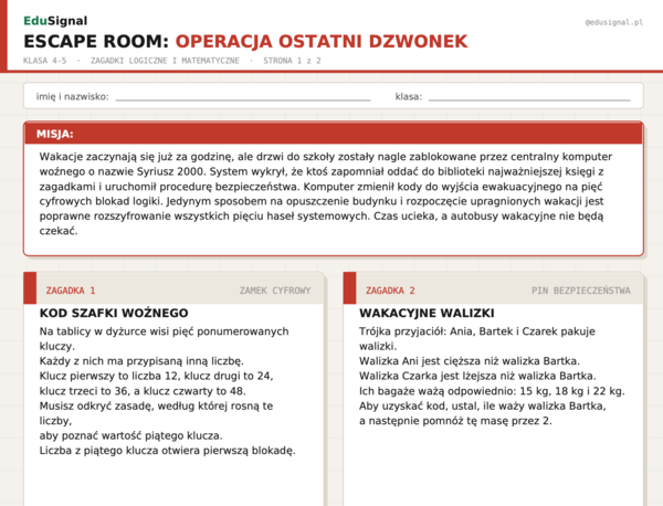 Na koniec roku: Escape Room: Operacja Ostatni Dzwonek — zagadki logiczne i matematyczne | Klasa 4-5