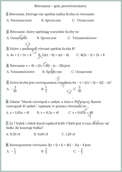 Równania - quiz powtórzeniowy