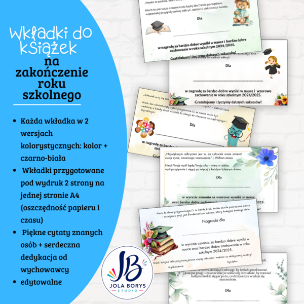 Wkładki do książek na zakończenie roku szkolnego - dla klas 1–8 szkoły podstawowej NOWE 2025/206 - edytowalne