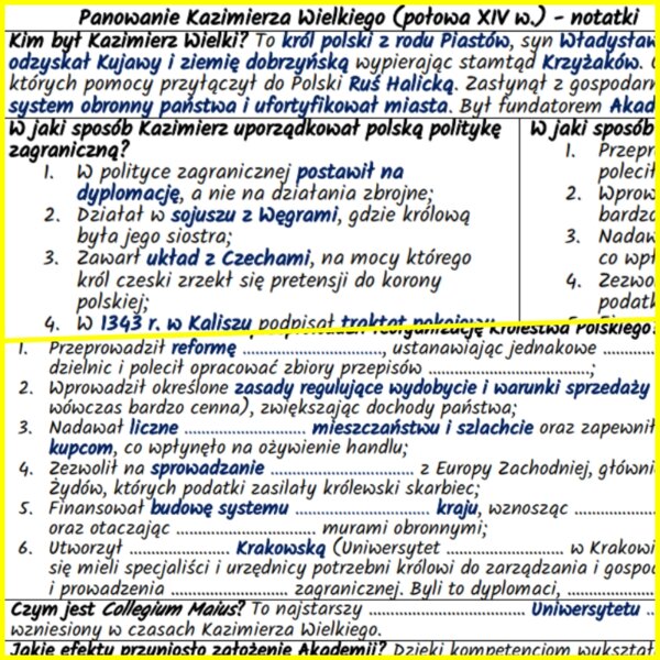 Panowanie Kazimierza Wielkiego (połowa XIV w.) – notatki i karta pracy