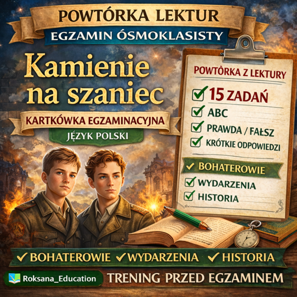 📚 „Kamienie na szaniec” – kartkówka egzaminacyjna | powtórka przed egzaminem ósmoklasisty (15 zadań)