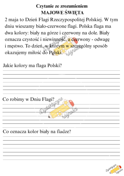 Majowe święta - Święto Pracy, Dzień Flagi, Konstytucja 3 Maja. Czytanie ze zrozumieniem KLASA 1 - 2 (3 teksty).