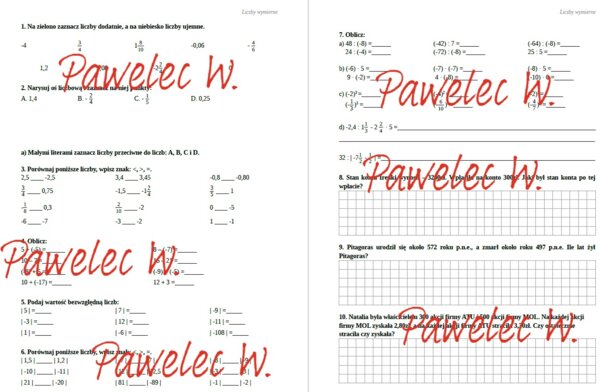 LICZBY WYMIERNE, kl. 6, kl. 7 - sprawdzian, karty pracy, praca klasowa