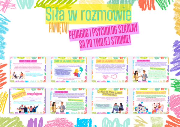 Gazetka szkolna, Godzina wychowawcza- SIŁA W ROZMOWIE-pedagog i psycholog szkolny  SA po Twojej stronie!- 12 kolorowych kart A4 + DODATKOWY ALTERNATYWNY NAPIS- PDF- całoroczna