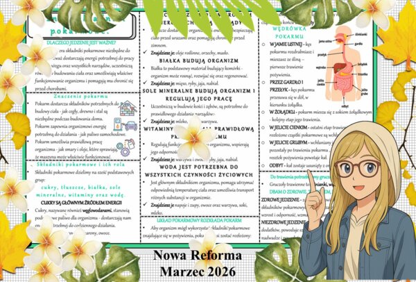 Sketchnotka/notatka - dla ucznia i przypomnienie dla nauczyciela w pdf. Temat "Poznaję składniki pokarmowe". Przyroda 4. "Odkrywam przyrodę" zgodna z wydawnictwem Nowa Era. Dział "Jak działa moje ciało?".