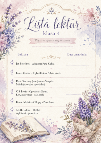 Lista lektur do klasy 4 (różne wersje) kolorowe