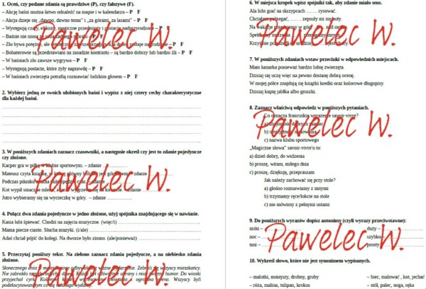 Ja i świat wyobraźni - test z j. polskiego, kl. 4, a w nim: list, baśń, antonimy, synonimy, zd. pojedyncze i złożone, spójnik