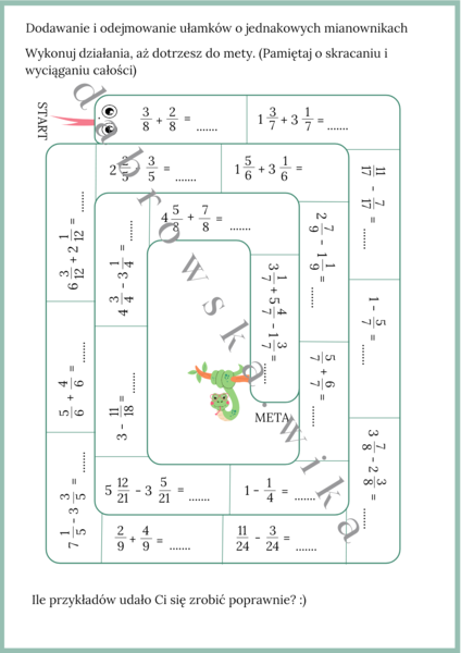 Ułamki o jednakowych mianownikach - wąż matematyczny