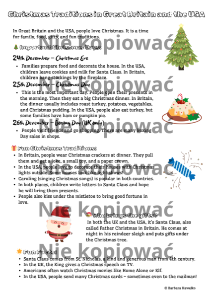 Christmas Traditions in Great Britain and the USA – karta pracy z czytanką A2