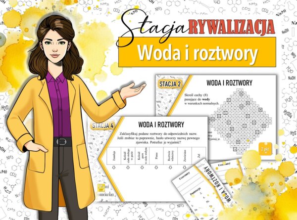 Stacja: RYWALIZACJA! Klasa 7. Chemia. Woda i roztwory wodne. Krzywa rozpuszczalności. Stężenie procentowe. Powtórzenie wiadomości. Stacje zadaniowe. Praca grupowa. Zadanie. Gra dydaktyczna. MOC powtórki.
