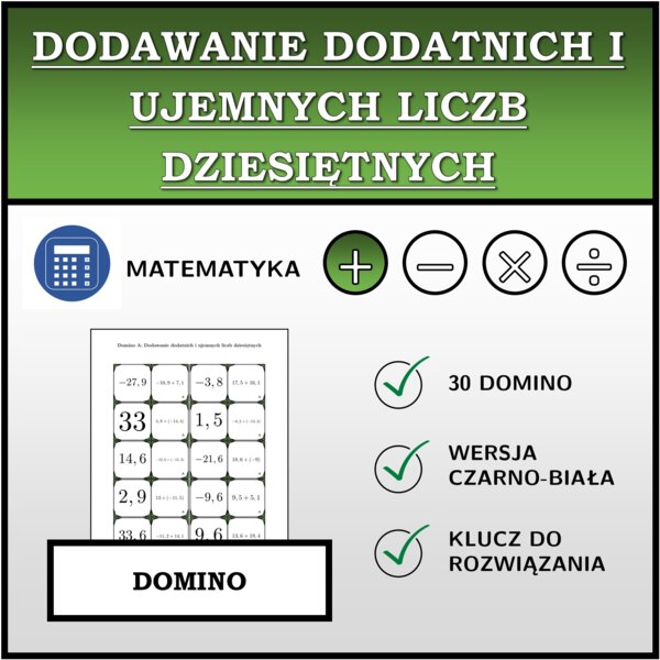 Domino - Dodawanie dodatnich i ujemnych liczb dziesiętnych | matematyka