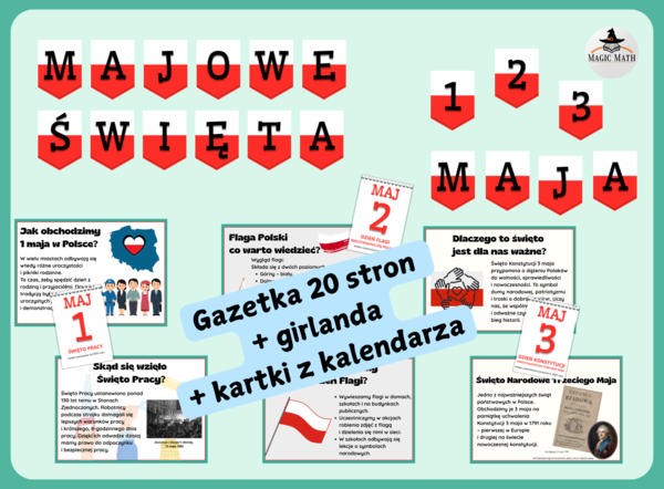 ŚWIĘTA MAJOWE - GAZETKA I GIRLANDA, Święto Pracy, Dzień Flagi, Dzień Konstytucji - ZESTAW