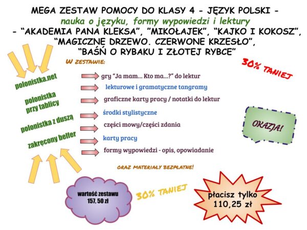 Zestaw pomocy do klasy 4 - jezyk polski "Akademia pana Kleksa", "Mikołajek", "Kajko i Kokosz", "Magiczne drzewo", podmiot, orzeczenie, opis, opowiadanie