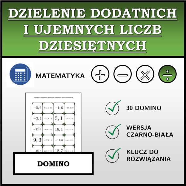 Domino - Dzielenie dodatnich i ujemnych liczb dziesiętnych | matematyka