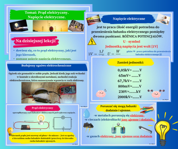 Prąd elektryczny. Napięcie elektryczne. Prezentacja multimedialna. Fizyka. Mrs_Physics. Fizunia.