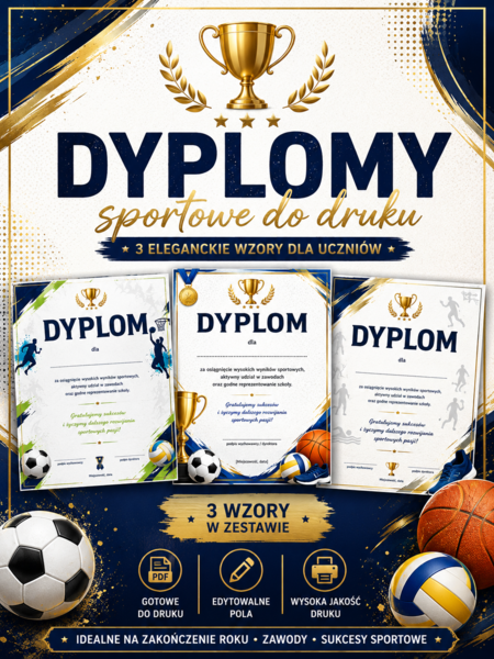 🏆 Dyplomy sportowe do druku – 3 eleganckie wzory dla uczniów (PDF)