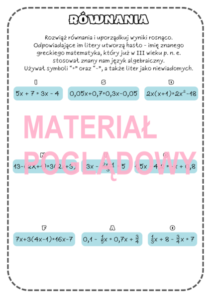 RÓWNANIA - karta pracy kl. 7,8