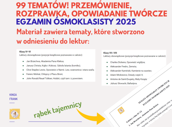 99 tematów ROZPRAWEK, OPOWIADAŃ TWÓRCZYCH, PRZEMÓWIEŃ - egzamin ósmoklasisty 2025