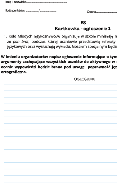 Ogłoszenie 1 - kartkówka, egzamin ósmoklasisty