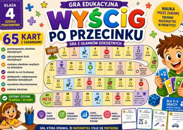 Wyścig po przecinku – gra planszowa | ułamki dziesiętne | klasa 4 | 65 kart