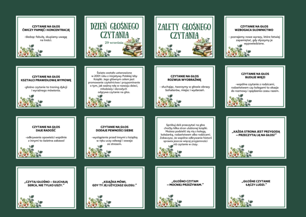 DZIEŃ GŁOŚNEGO CZYTANIA – gazetka – biblioteka – ZALETY GŁOŚNEGO CZYTANIA – dekoracja - wersja 2