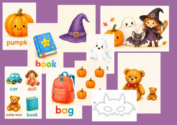 Angielski w przedszkolu – PAŹDZIERNIK | 10 scenariuszy + flashcards i materiały do druku | Toys, classroom & Halloween