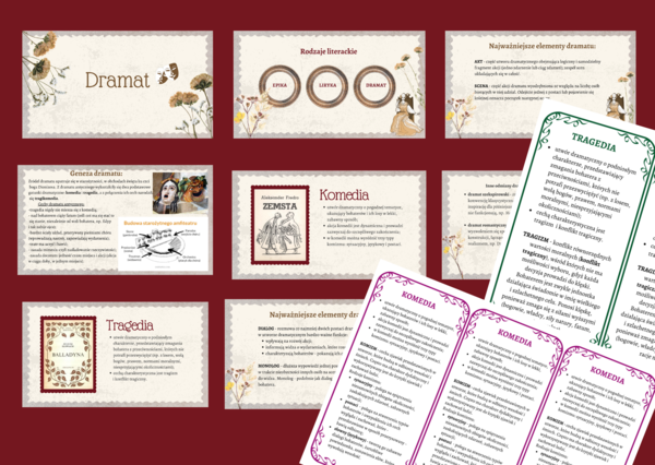 DRAMAT – prezentacja + 2 wklejki: tragedia i komedia – egzamin – powtórzenie – kl. .4-8