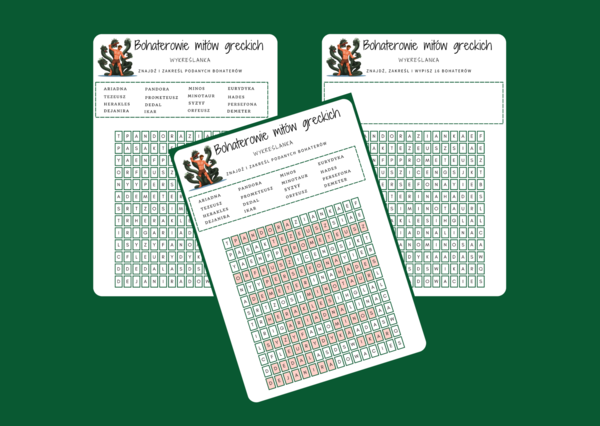 BOHATEROWIE MITÓW GRECKICH - mity - mitologia - wykreślanka