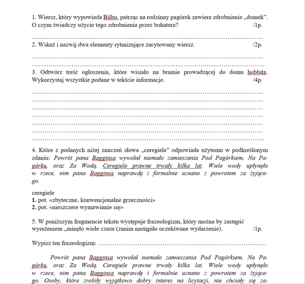 "Hobbit" - czytanie ze zrozumieniem (karta pracy)